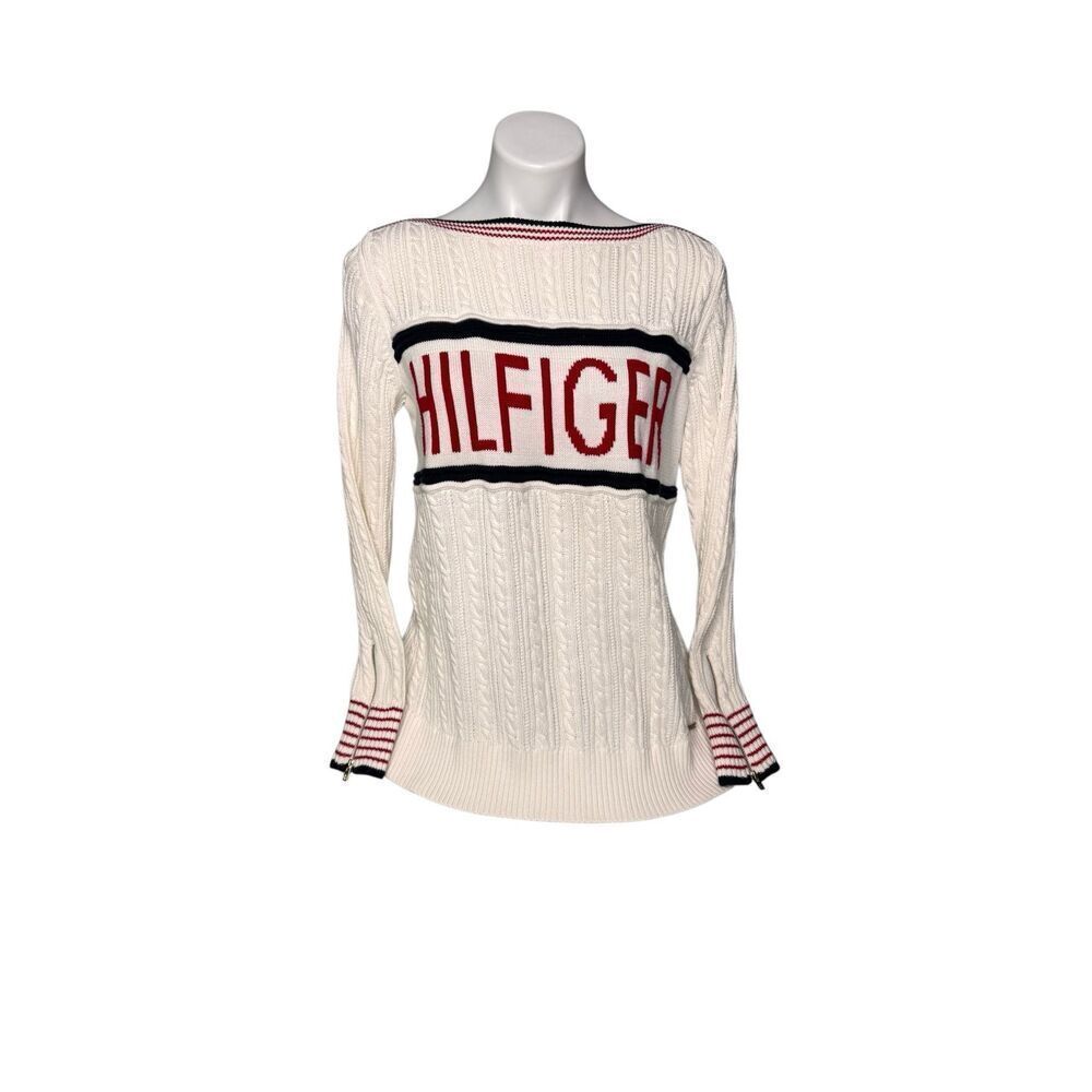 Tommy Hilfiger white cable knit logo sweater with navy blue and red striped trim